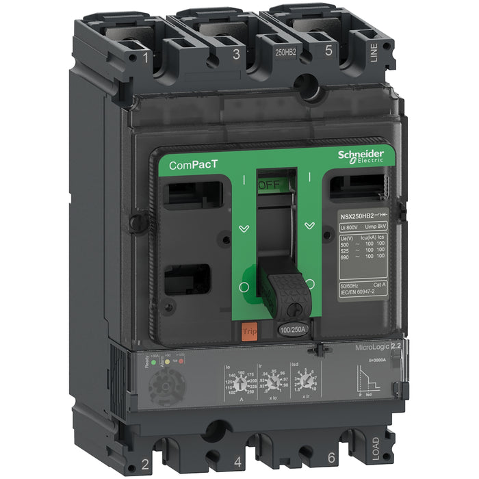 Circuit breaker ComPacT NSX250HB2, 100kA at 690VAC, MicroLogic 2.2 trip unit 160A, 3 poles 3d