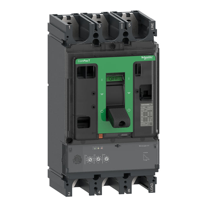 Circuit breaker ComPacT NSX630HB1, 75kA at 690VAC, MicroLogic 2.3 trip unit, 630A, 3 poles 3d