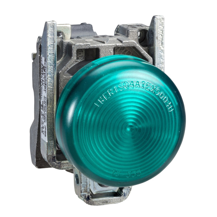 Complete pilot light, Harmony XB4, round Ø22 mm, IP65, green, integral LED, 24...120 V, lugs, ATEX