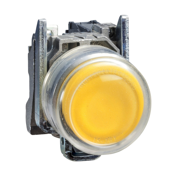 Complete illuminated push button, Harmony XB4, metal, flush, yellow, Ø22 mm, spring return, booted, 230 V AC, 1 NO, ATEX