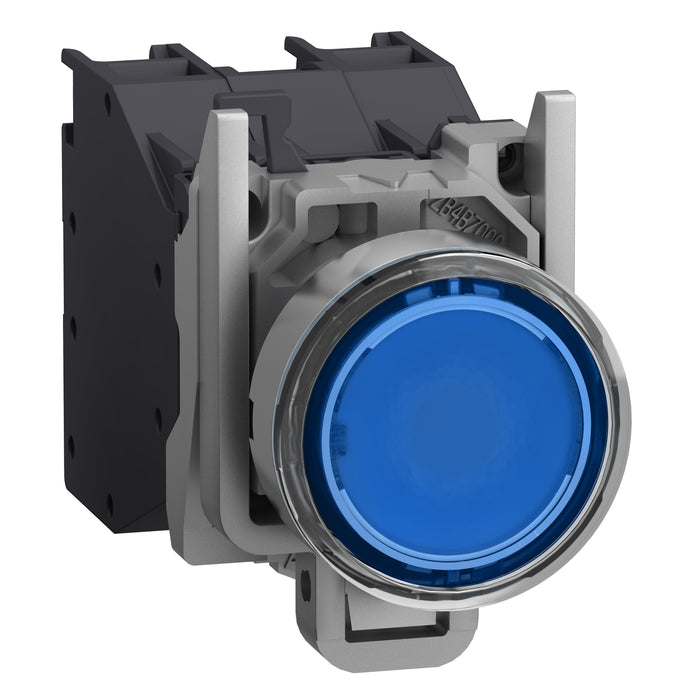 Complete illuminated push button, Harmony XB4, metal, flush, blue, Ø22 mm, spring return, booted, 24...254 V AC/DC, 1 NO, ATEX