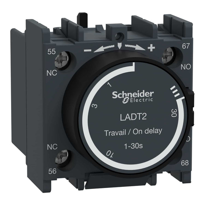 Time delay auxiliary contact block, TeSys D, 1NO + 1NC, on delay 0.1-30s, front, screw clamp terminals
