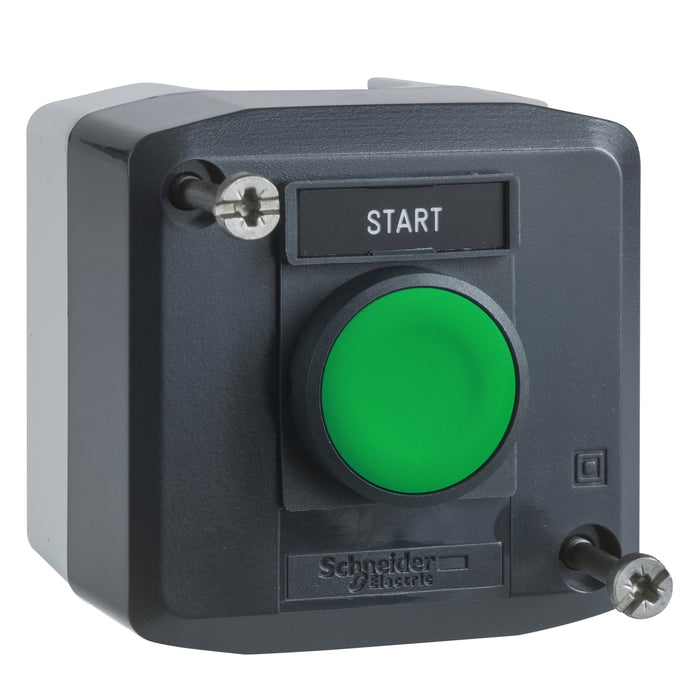Complete control station, Harmony XALD, dark grey 1 green flush pushbutton Ø22 mm spring return 1 NO "Start"