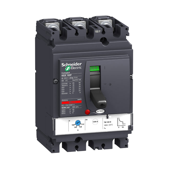 circuit breaker ComPact NSX160F, 36 KA at 415 VAC, TMD trip unit 80 A, 3 poles 3d