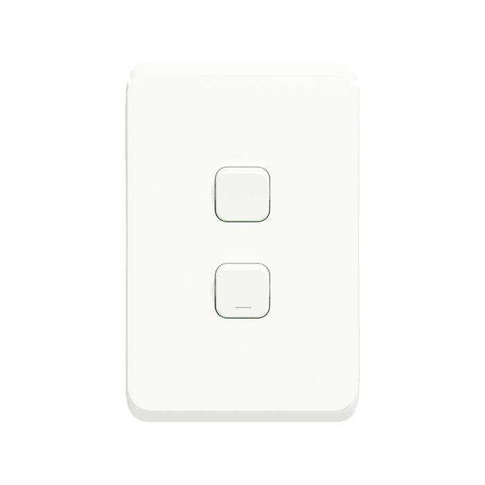 Iconic, 2 switches, push-button + 1/2 Way, 10AX, 250V, White