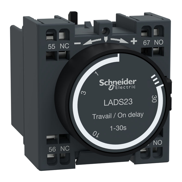 Time delay auxiliary contact block, TeSys D, 1NO + 1NC, on delay 1-30s, front, spring terminals