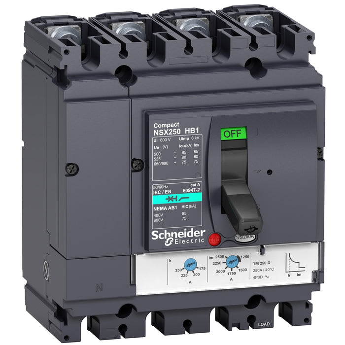 circuit breaker ComPact NSX100HB1, 75 kA at 690 VAC, TMD trip unit 80 A, 4 poles 4d