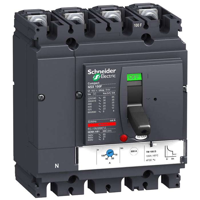circuit breaker ComPact NSX100F, 36 kA at 415 VAC, TMD trip unit 100 A, 4 poles 4d