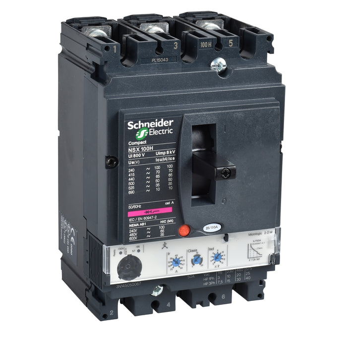circuit breaker ComPact NSX100H, 70 kA at 415 VAC, MicroLogic 2.2 M trip unit 100 A, 3 poles 3d