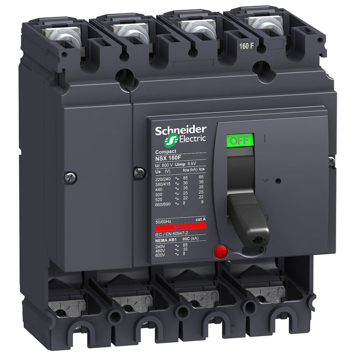 circuit breaker basic frame, ComPact NSX160B, 25 kA at 415 VAC 50/60 Hz, 160 A, without trip unit, 4 poles