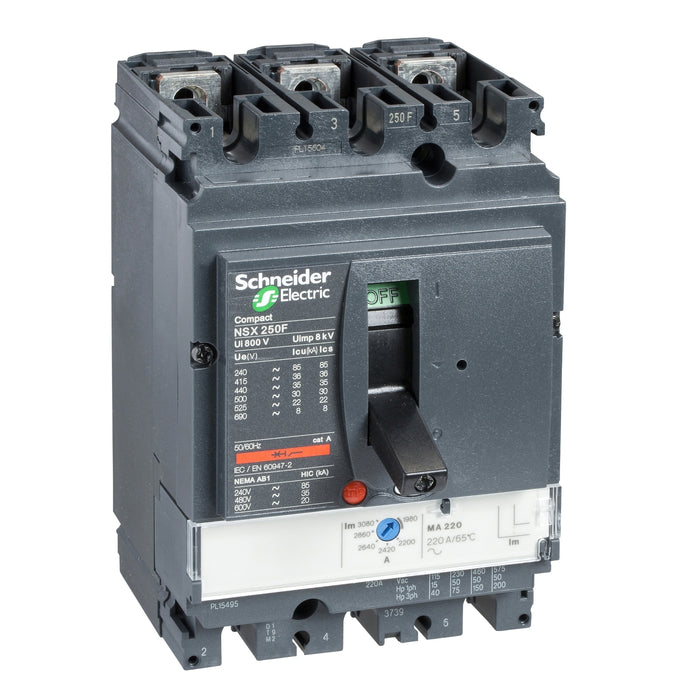 circuit breaker ComPact NSX250N, 50 kA at 415 VAC, MA trip unit 150 A, 3 poles 3d