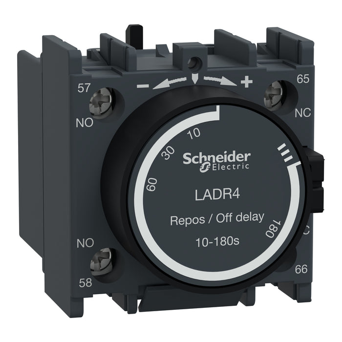 Time delay auxiliary contact block, TeSys D, 1NO + 1NC, off delay 10-180s, front, screw clamp terminals