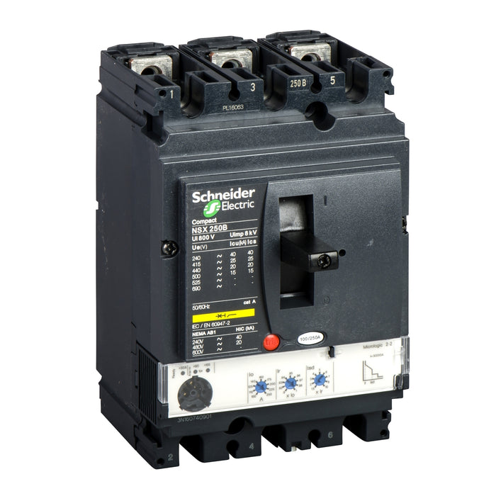 circuit breaker ComPact NSX100B, 25 kA at 415 VAC, MicroLogic 2.2 trip unit 40 A, 3 poles 3d