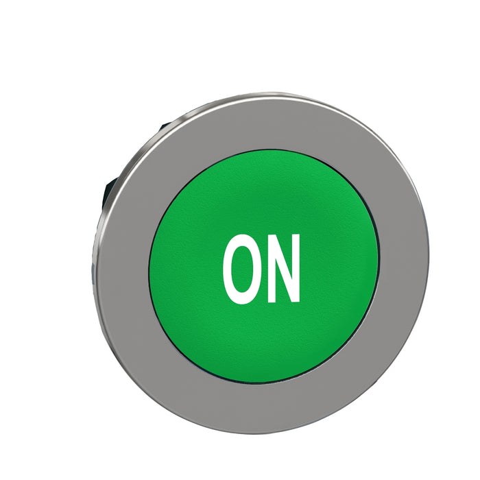 Head for non illuminated push button, Harmony XB4, flush mounted green flush caps pushbutton white marked "ON"