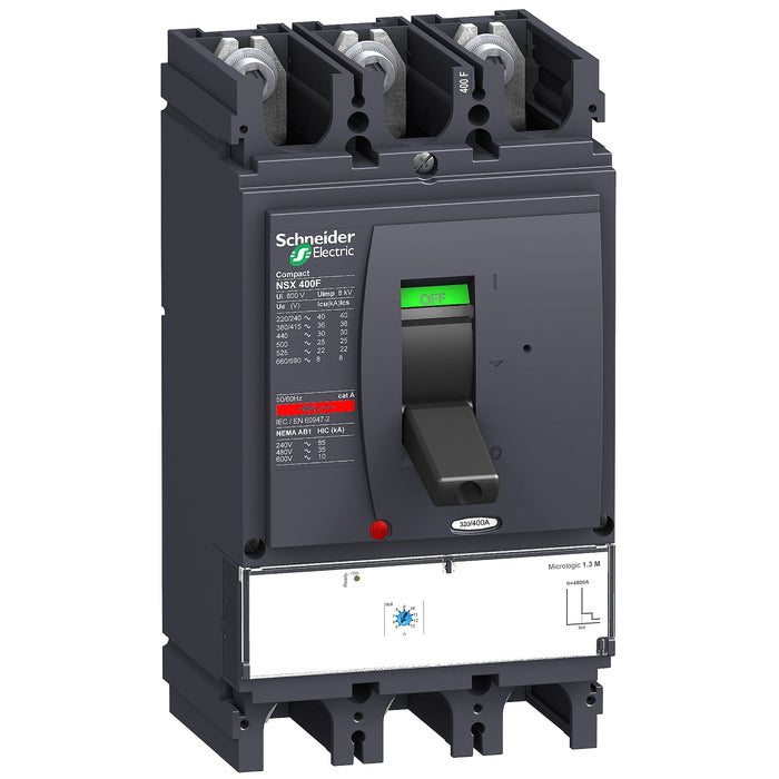 LV432749, Circuit breaker Compact NSX400N, 50 kA at 415 VAC, Micrologic 1.3 M trip unit 320 A, 3 poles 3d