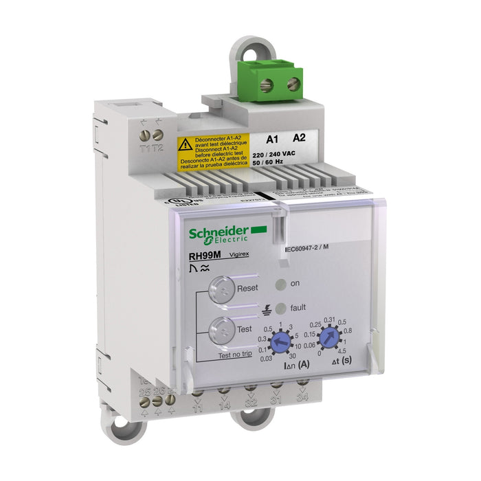 residual current protection relay, VigiPacT RH99M, 30 mA to 30 A, 440/525 VAC 50/60 Hz, DIN rail mounting