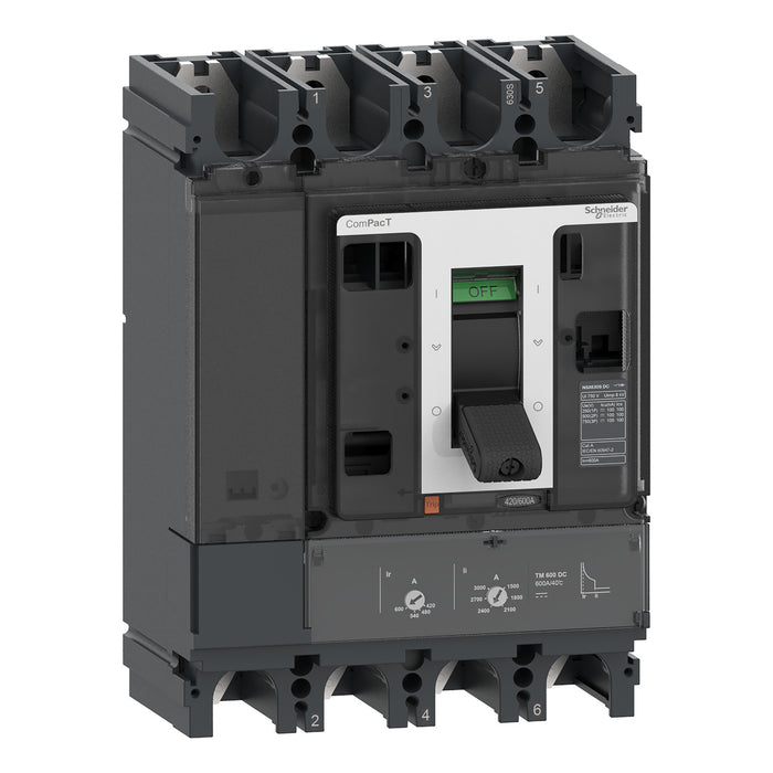 Circuit breaker ComPacT NSX600S DC, 100kA at 750 VDC, TM-DC trip unit, 600 A rating, 4 poles