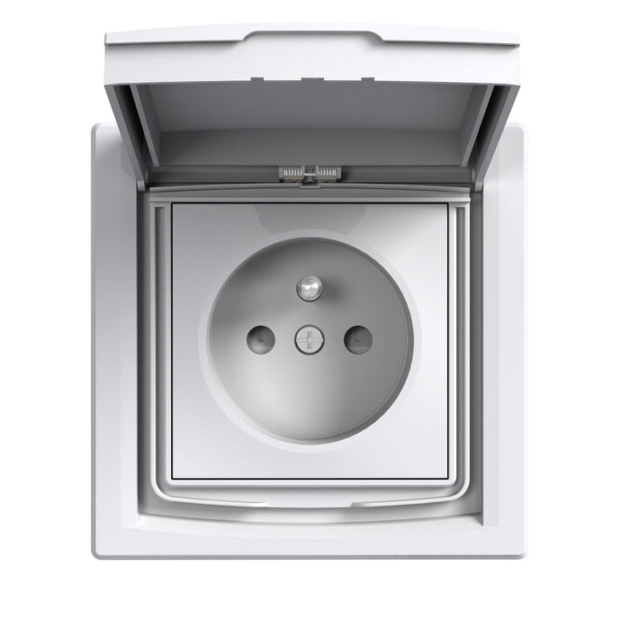 Asfora - single socket outlet with pin earth - 16A lid, shutters IP44 white