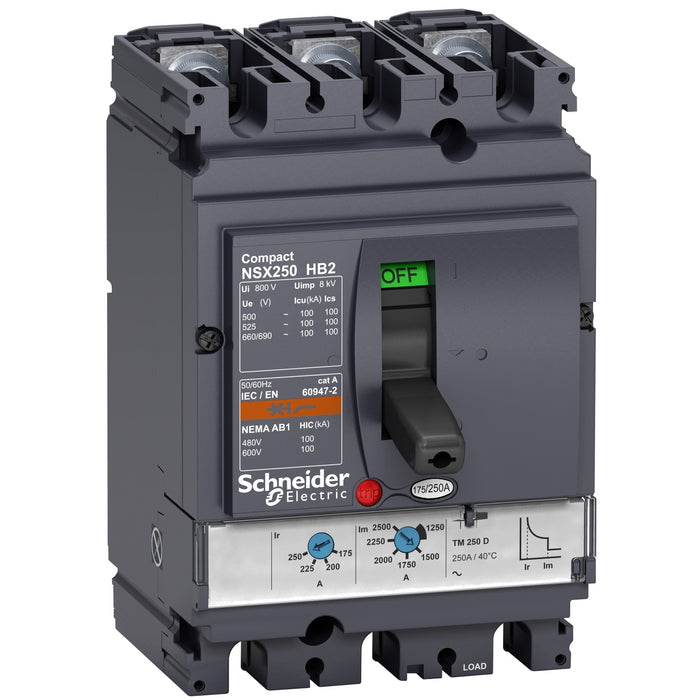 circuit breaker ComPact NSX100HB2, 100 kA at 690 VAC, TMD trip unit 63 A, 3 poles 3d