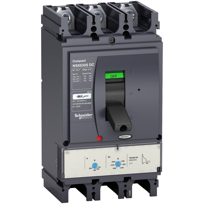 circuit breaker ComPact NSX500S DC, 100 kA at 750 VDC, TM-DC trip unit, 500 A rating, 3 poles