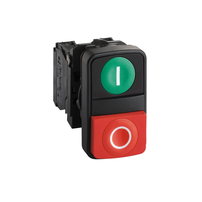Harmony XB5, Double-headed push button, plastic, Ø22, 1 green flush marked I + 1 red projecting marked O, 1 NO + 1 NC