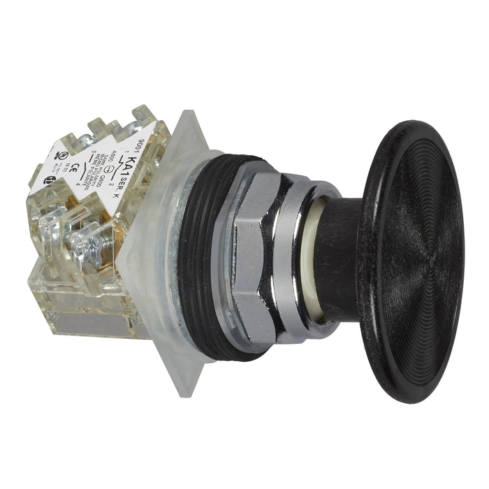 Push button, Harmony 9001K, metal, mushroom 57mm, black, 30mm, spring return, 1 CO