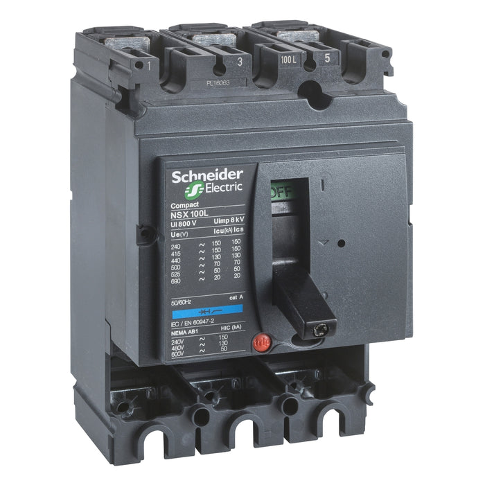 circuit breaker basic frame, ComPact NSX100B, 25 kA at 415 VAC 50/60 Hz, 100 A, without trip unit, 3 poles