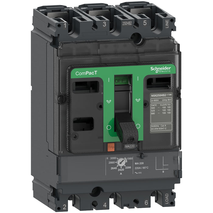 Circuit breaker ComPacT NSX100HB1, 75kA at 690VAC, MA trip unit 100A, 3 poles 3d