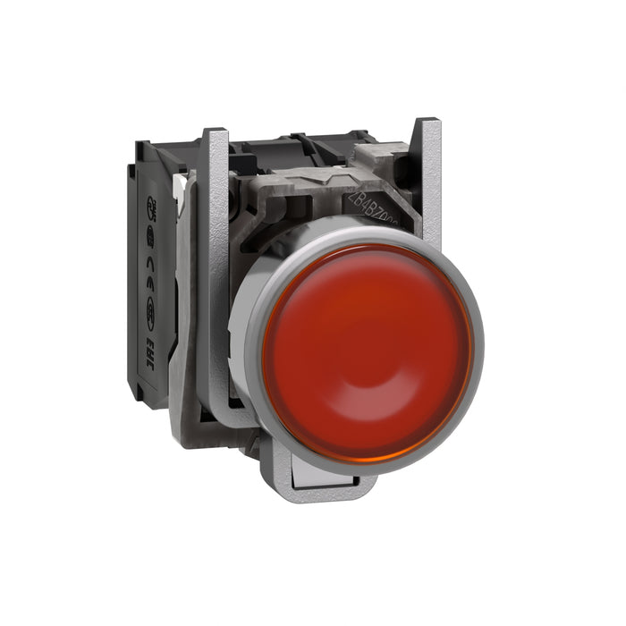 Harmony XB4, Illuminated push button, metal, flush, orange, Ø22, spring return, 110...120 V AC, 1 NO + 1 NC