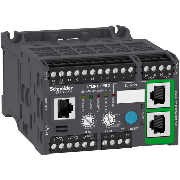 Motor Management, TeSys T, motor controller, Ethernet/IP, Modbus/TCP, 6 logic inputs, 3 logic outputs, 5 to 100A, 24 VDC