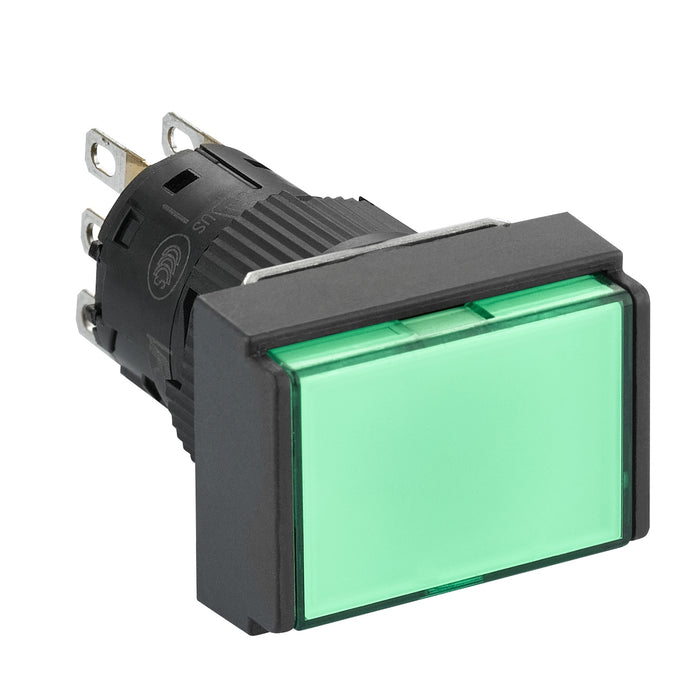 Illuminated monolithic push button, Harmony XB6E, rectangle green pushbutton Ø 16 flush springreturn 24 VDCpolarised1CO