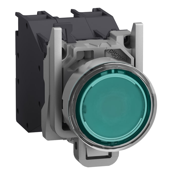 Complete illuminated push button, Harmony XB4, metal, flush, green, Ø22 mm, spring return, booted, 24...254 V AC/DC, 1 NO, ATEX
