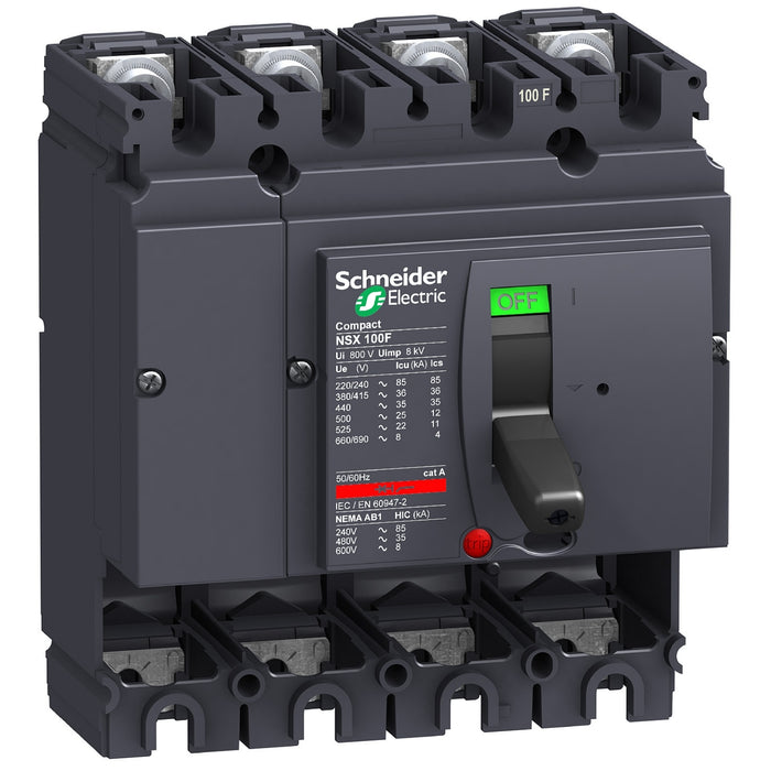 circuit breaker basic frame, ComPact NSX100F, 36 kA at 415 VAC 50/60 Hz, 100 A, without trip unit, 4 poles