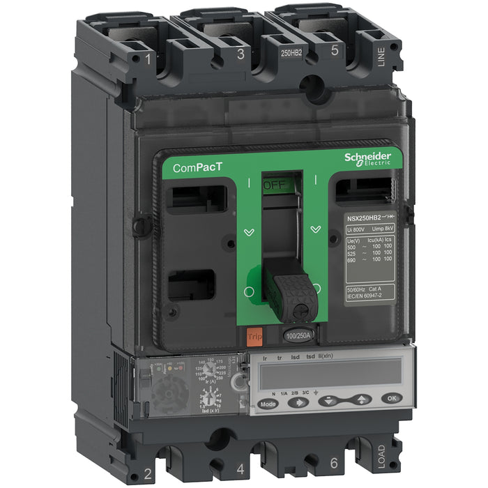 Circuit breaker ComPacT NSX250HB2, 100kA at 690VAC, MicroLogic 5.2 E trip unit 160A, 3 poles 3d