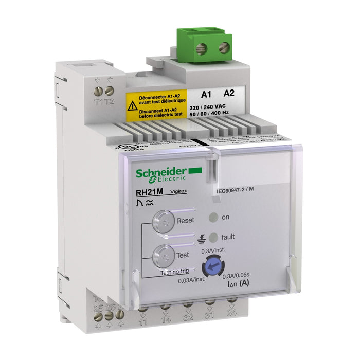 residual current protection relay, VigiPacT RH21M, 30 mA or 300 mA, 220/240 VAC 50/60 Hz, DIN rail mounting