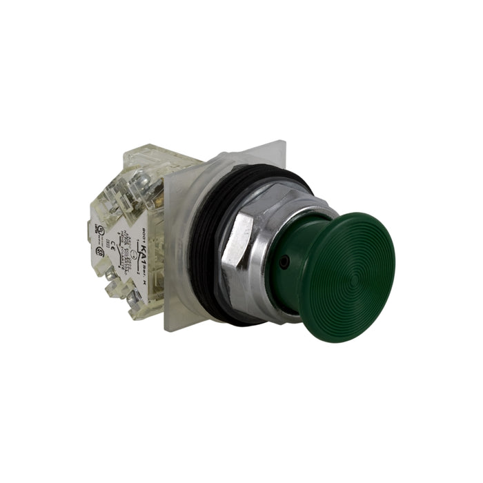 Push-button, Harmony 9001K, metal, mushroom 35mm, green, 30mm, spring return, 1 C/O