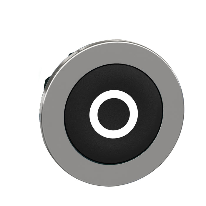 Head for non illuminated push button, Harmony XB4, flush mounted black flush caps pushbutton white marked "O"