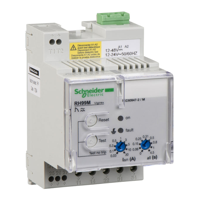 residual current protection relay, VigiPacT RH99M, 30 mA to 30 A, 12/24 VAC 50/60 Hz, 12/48 VDC, DIN rail mounting