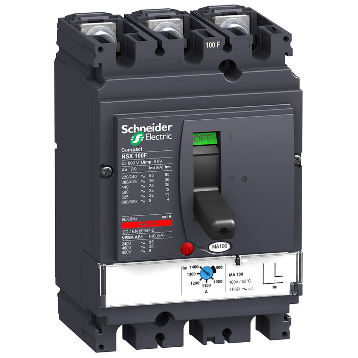 circuit breaker ComPact NSX100F, 36 kA at 415 VAC, MA trip unit 2.5 A, 3 poles 3d