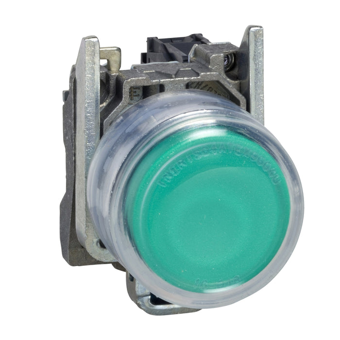Complete illuminated push button, Harmony XB4, metal, flush, green, Ø22 mm, spring return, booted, 110...220 V AC, 1 NO, ATEX
