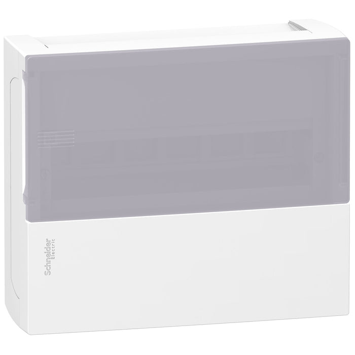 Enclosure, Resi9 MP, surface mounting, 1 row of 12 modules, IP40, translucid door, 1 earth + 1 neutral terminal blocks