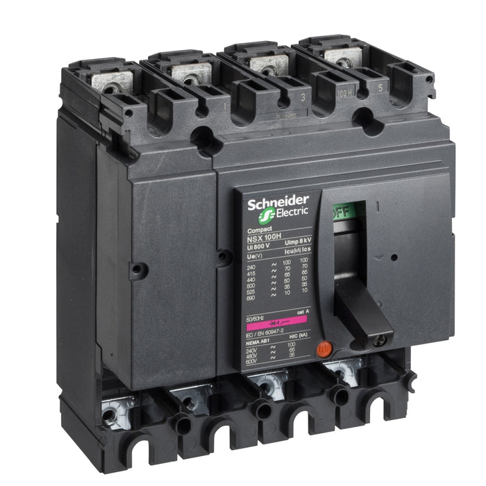 circuit breaker basic frame, ComPact NSX100H, 70 kA at 415 VAC 50/60 Hz, 100 A, without trip unit, 4 poles