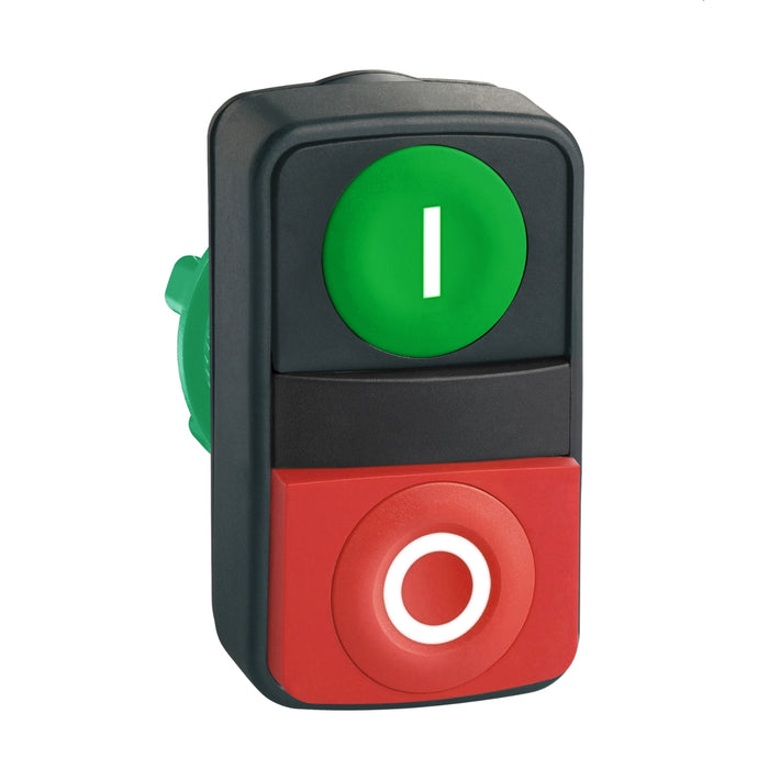 Harmony XB5, Double-headed push button head, plastic, Ø22, 1 green flush marked I + 1 red projecting marked O