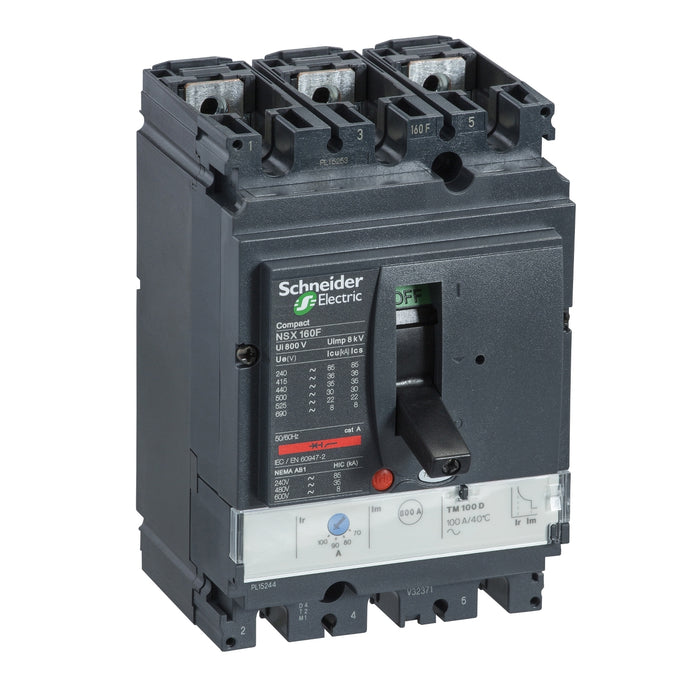 circuit breaker ComPact NSX160H, 70 kA at 415 VAC, TMD trip unit 160 A, 3 poles 3d