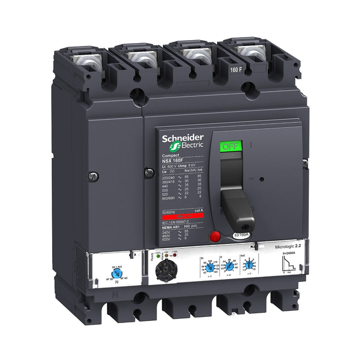 circuit breaker ComPact NSX160F, 36 kA at 415 VAC, MicroLogic 2.2 trip unit 160 A, 4 poles 4d