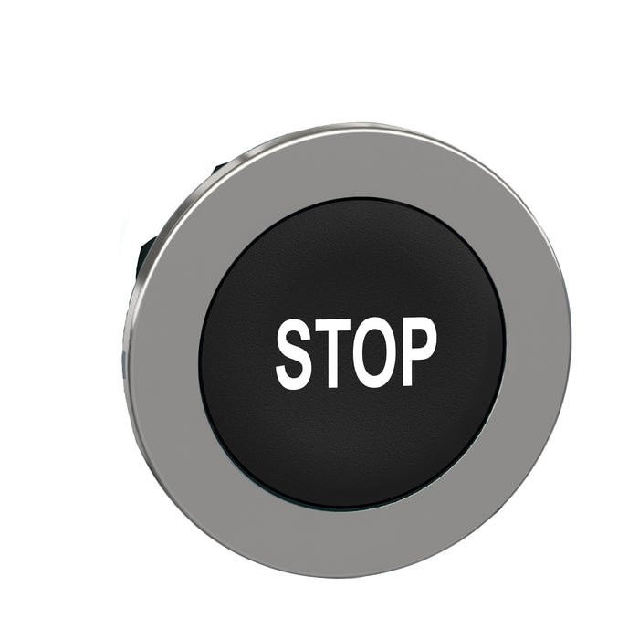 Head for non illuminated push button, Harmony XB4, flush mounted black flush caps pushbutton white marked "STOP"