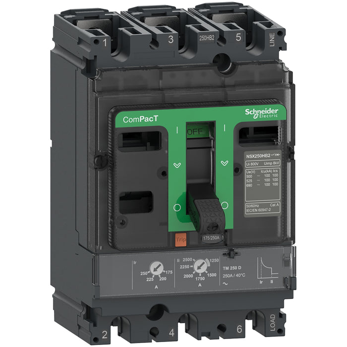 Circuit breaker ComPacT NSX250N, 50kA at 415VAC, TMD trip unit 250A, 3 poles 3d