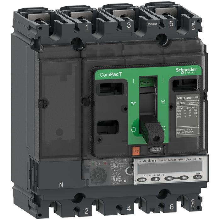 Circuit breaker ComPacT NSX100R, 200kA at 415VAC, MicroLogic 6.2 E-M trip unit 80A, 3 poles 3d