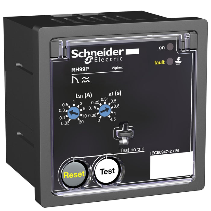 residual current protection relay, VigiPacT RH99P, 30 mA to 30 A, 380/415 VAC 50/60 Hz, front panel mounting