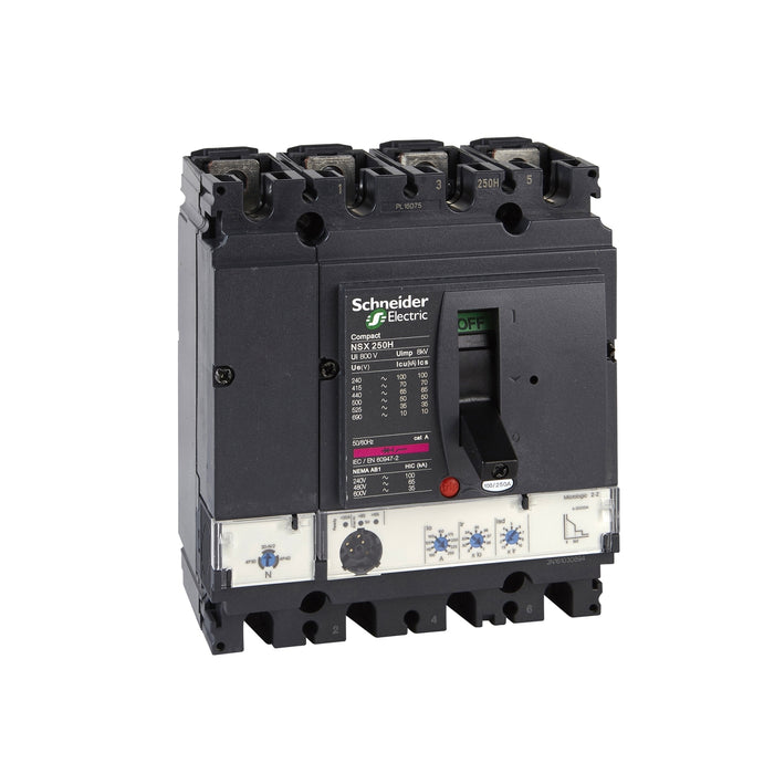 circuit breaker ComPact NSX250H, 70 kA at 415 VAC, MicroLogic 2.2 trip unit 250 A, 4 poles 4d